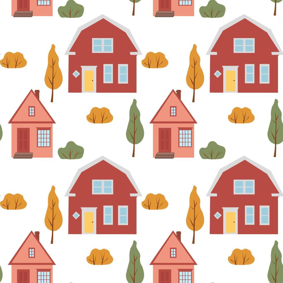 padrão perfeito com casas bonitas. árvores de outono e casas padrão de outono vetor