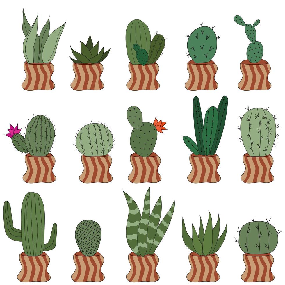 definir cactos doodle fofos em potes de barro. ilustração vetorial com plantas de interior bonitos. conjunto de 15 plantas vetor