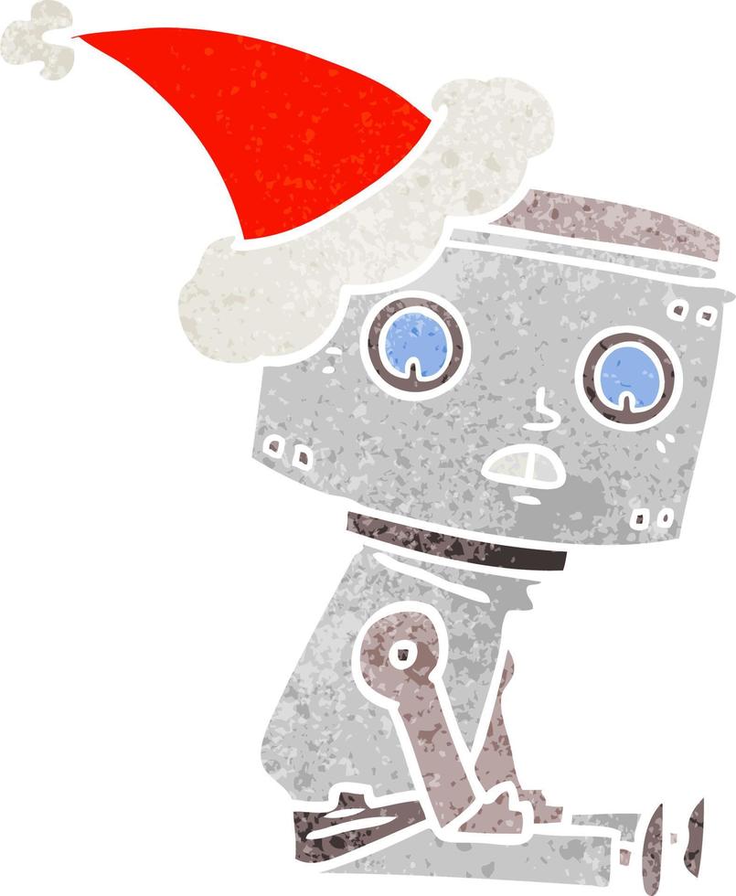 desenho retrô de um robô usando chapéu de papai noel vetor