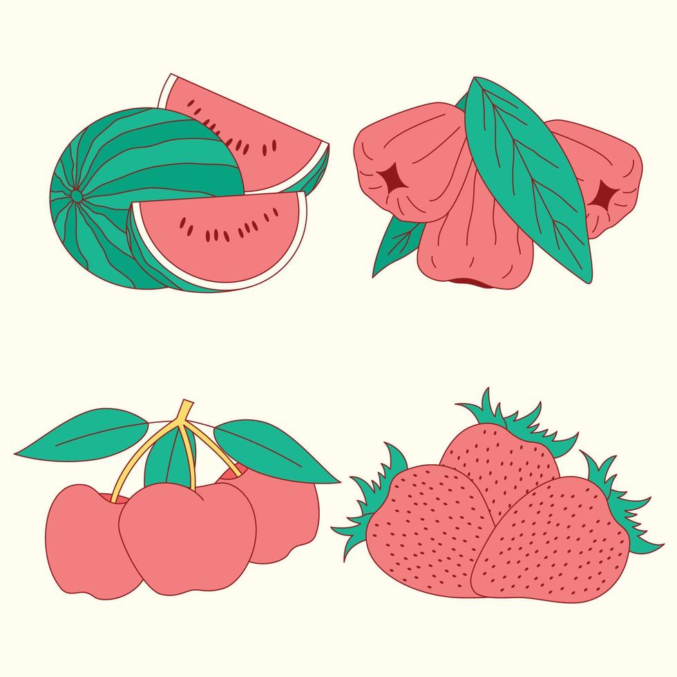 conjunto de frutas vermelhas de ilustração de design plano de morango, goiaba, cereja e melancia vetor