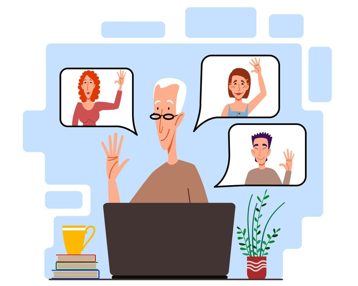 ilustração de uma reunião virtual com pessoas diferentes que dizem olá. o conceito de um encontro online com rapazes e moças. vetor