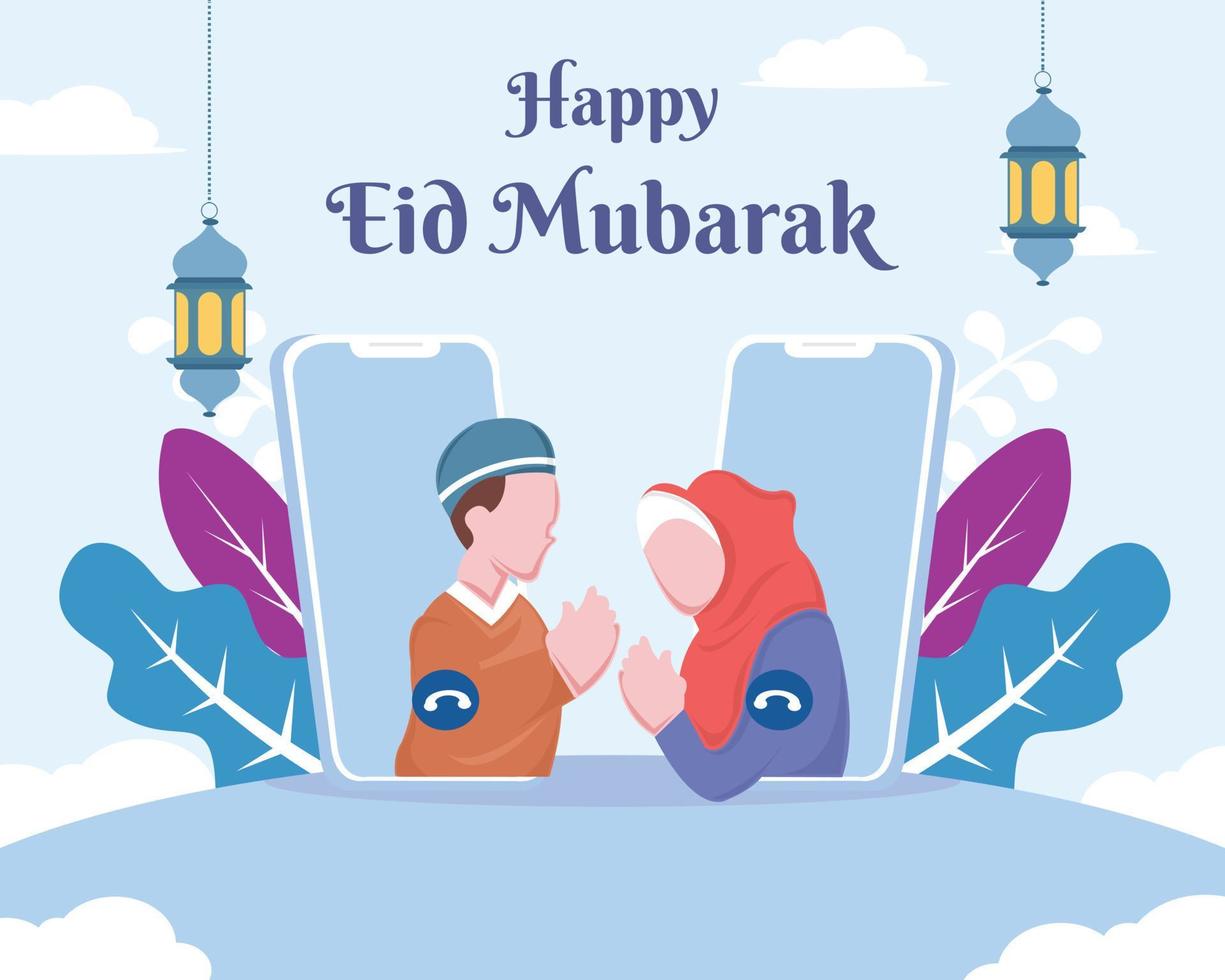 ilustração vetorial gráfico de um jovem casal está desejando um feliz eid al-fitr via telefone inteligente, perfeito para religião, feriado, cultura, tradição, cartão de felicitações, etc. vetor