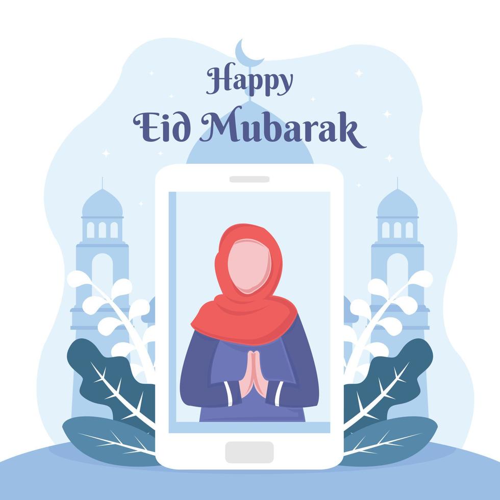 ilustração vetorial gráfico de uma mulher está desejando um feliz eid al-fitr com uma chamada de vídeo em um dispositivo smartphone, perfeito para religião, feriado, cultura, tradição, cartão de felicitações, etc. vetor