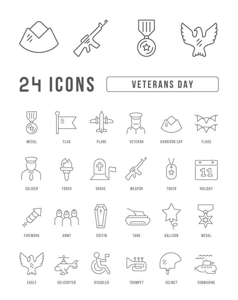 conjunto de ícones lineares do dia dos veteranos vetor