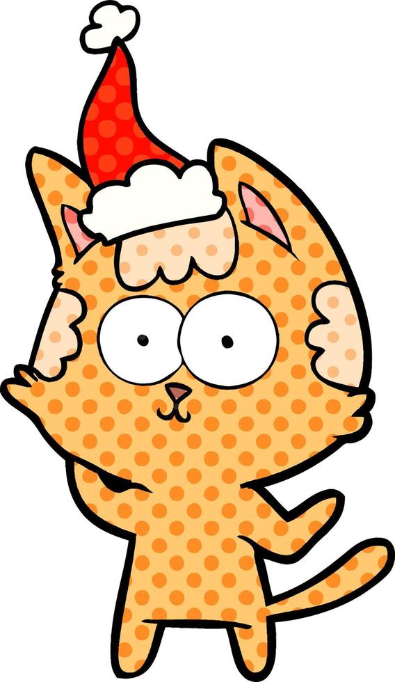 ilustração de estilo de quadrinhos feliz de um gato usando chapéu de papai noel vetor