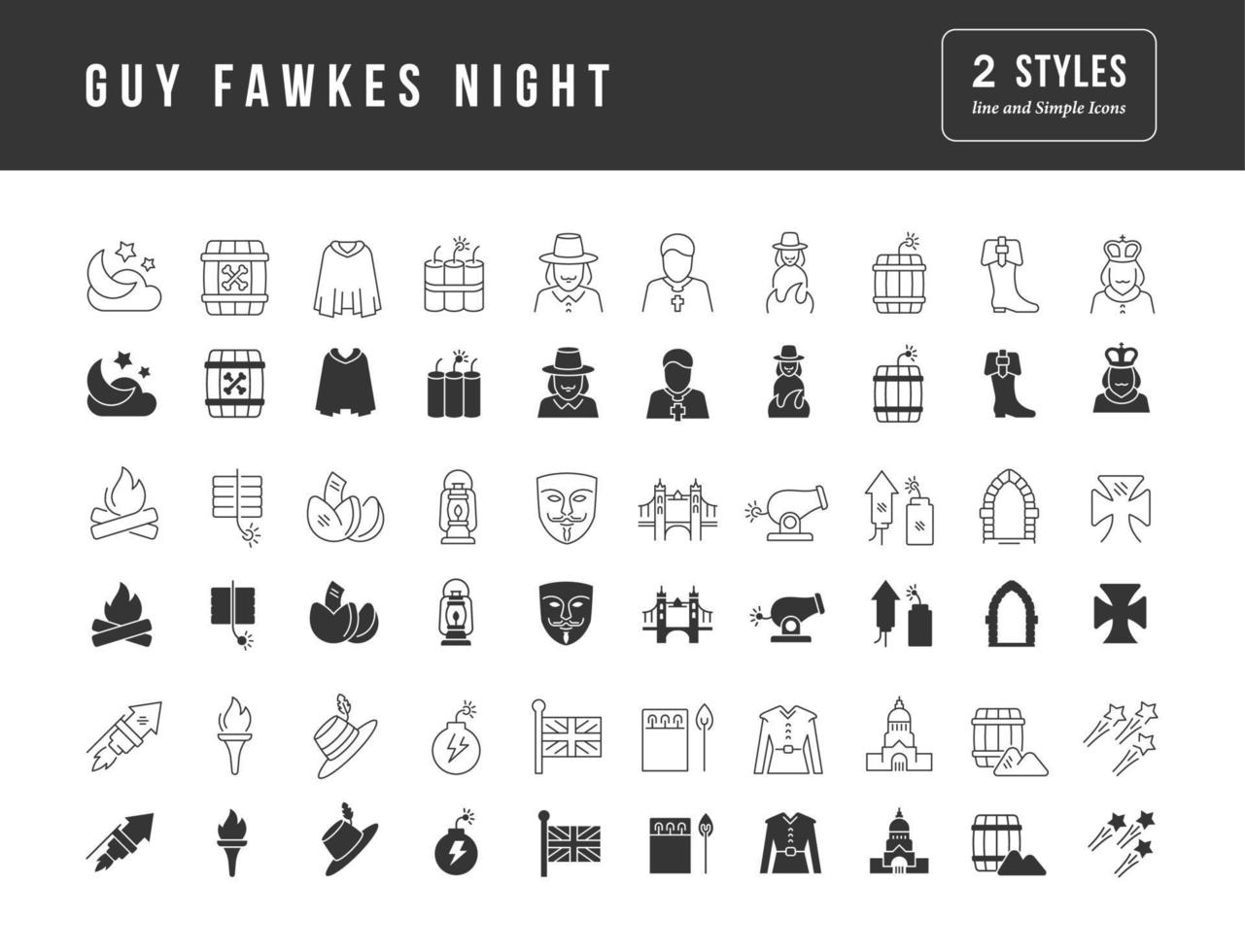 conjunto de ícones simples de cara fawkes night vetor