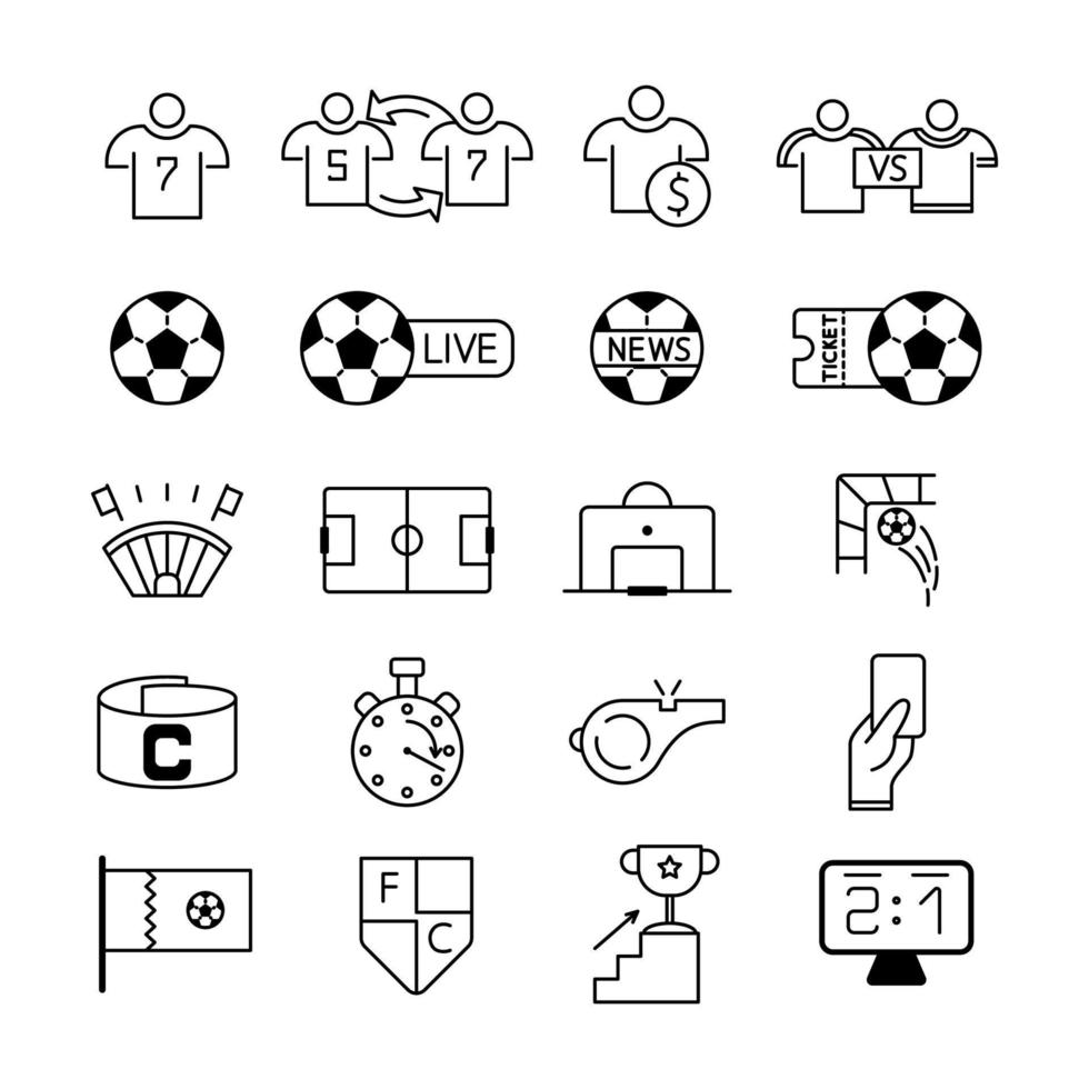 conjunto de ícones de linha de futebol. incluiu os ícones como bola, jogador, ao vivo, apito, estádio e muito mais. coleção de símbolos de futebol, ilustrações de logotipo, esboços vetoriais sinais de jogos esportivos, campeonato de futebol. vetor