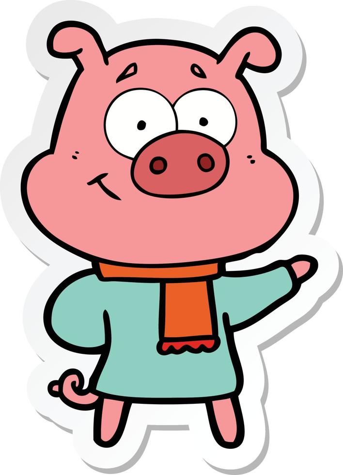adesivo de um porco de desenho animado feliz vestindo roupas quentes vetor