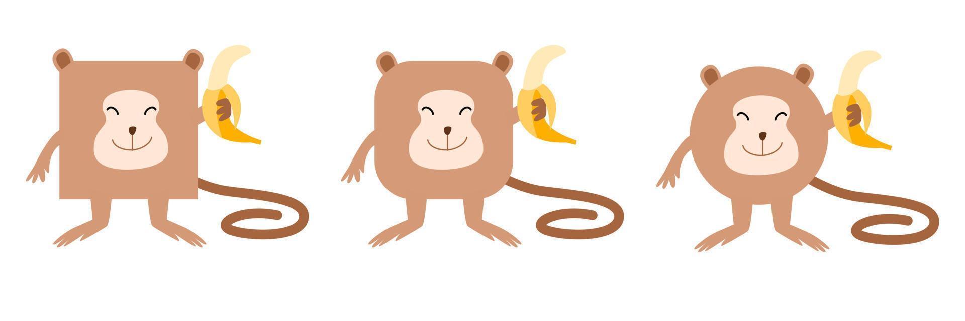 um conjunto de animais de forma quadrada e redonda. ilustração vetorial de um macaco com uma banana vetor