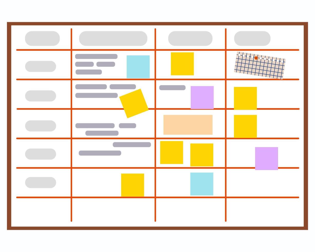 placa de planejamento, diagramas e tarefas com adesivos. vetor