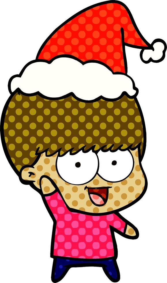 ilustração de estilo de quadrinhos feliz de um menino acenando usando chapéu de Papai Noel vetor