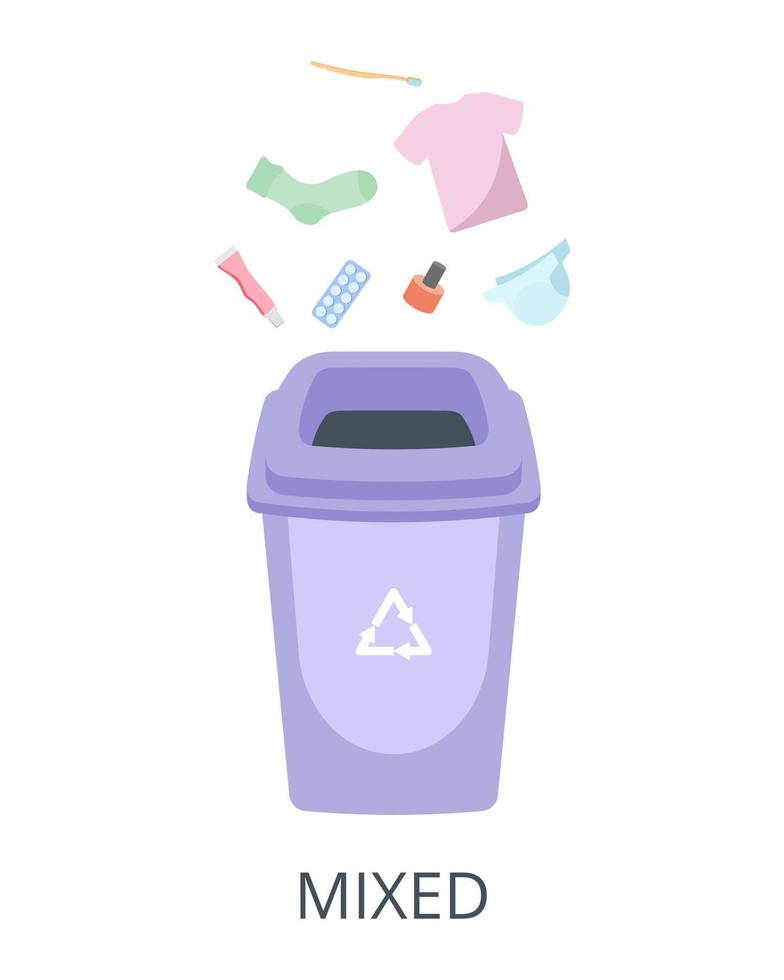 conceito de classificação de resíduos mistos. recipiente com lixo misturado vetor