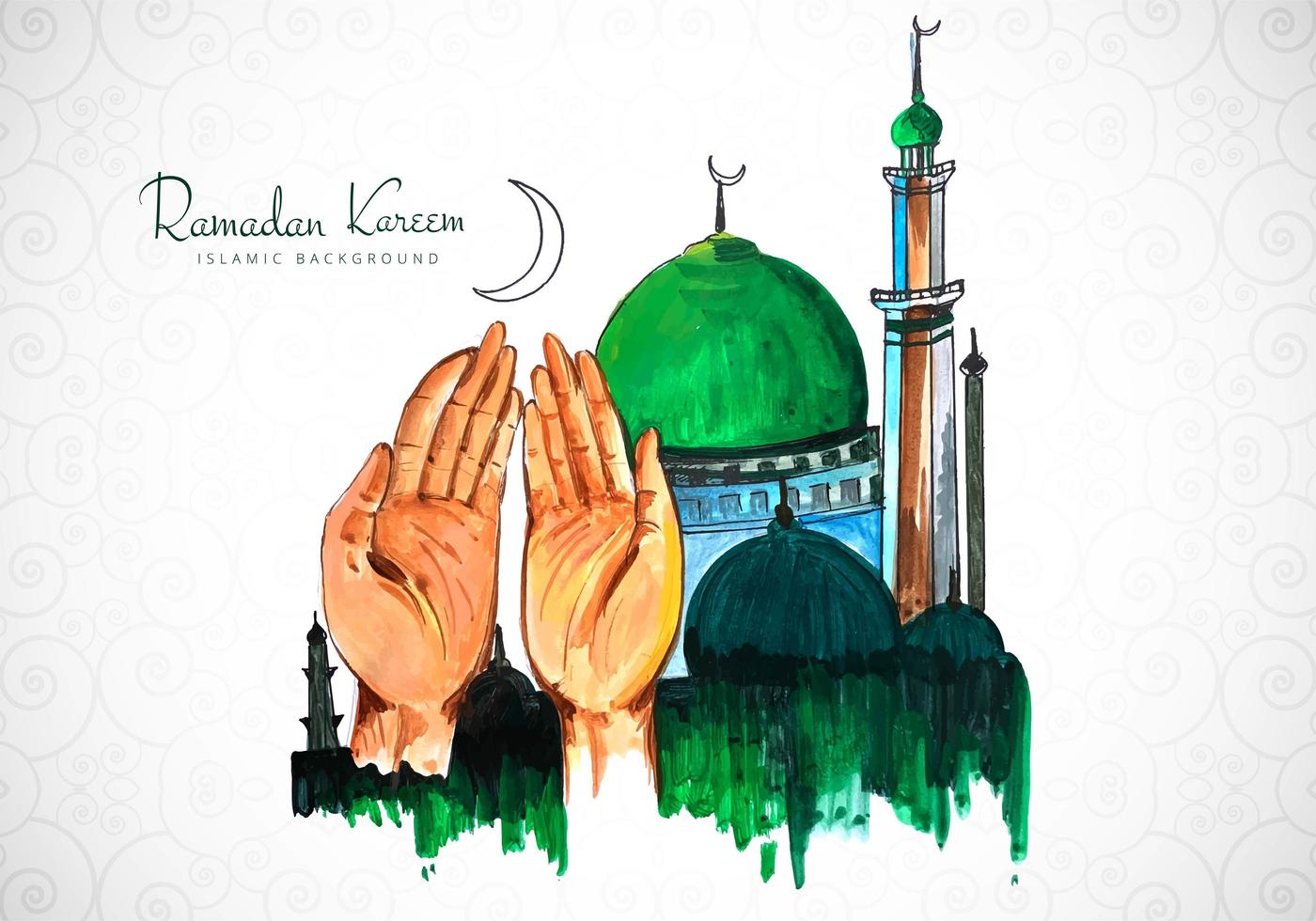 design de ramadan kareem com mãos a rezar vetor