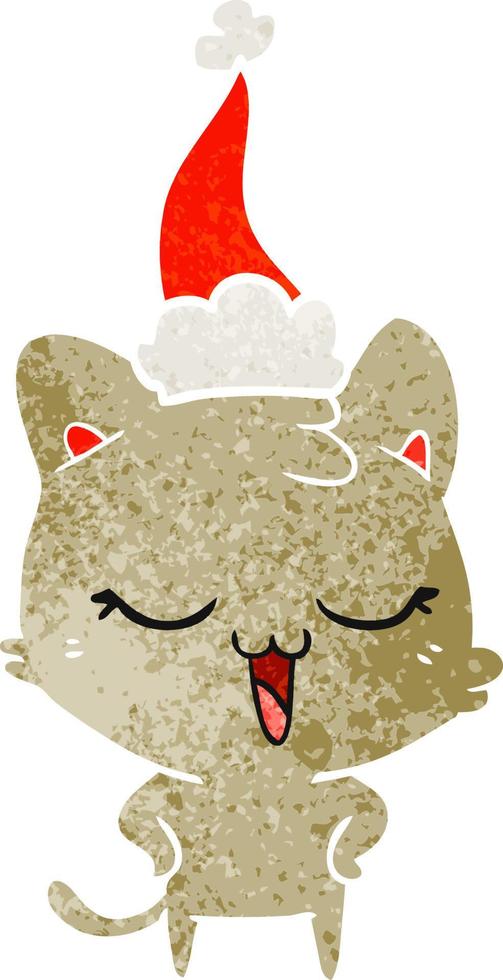 feliz desenho retrô de um gato usando chapéu de papai noel vetor