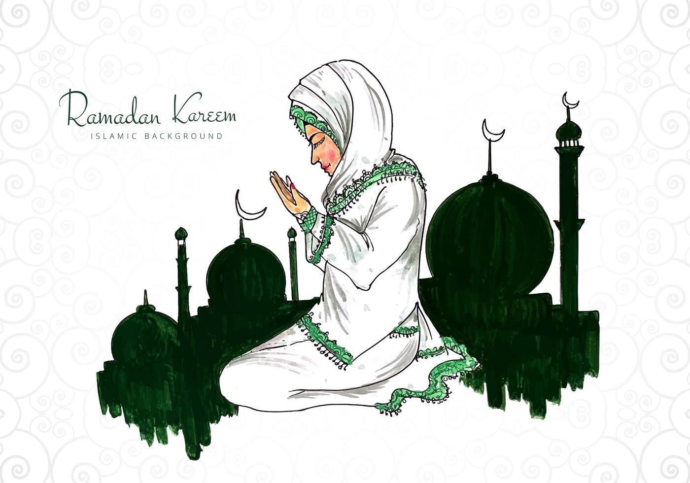 ramadan kareem saudação com mulher rezando vetor