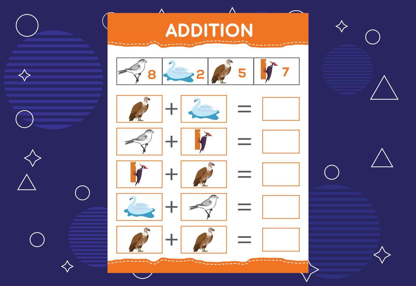 adição com diferentes pássaros para crianças. uma planilha educacional para crianças. desenho vetorial vetor