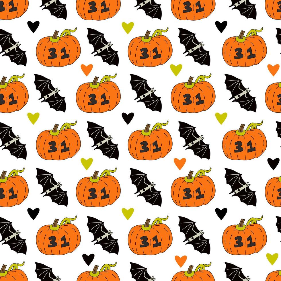 padrão sem emenda de halloween com abóboras, morcegos e corações em fundo branco. ilustração colorida vetorial desenhada à mão em estilo doodle vetor