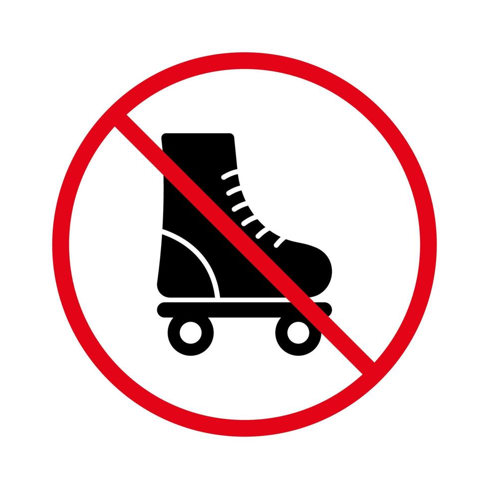 nenhum sinal de patinação permitido. zona de rolamento proibida. pictograma de patins proibido. banir o ícone de silhueta preta de patins. símbolo de círculo de parada vermelha de calçados esportivos. ilustração vetorial isolado. vetor