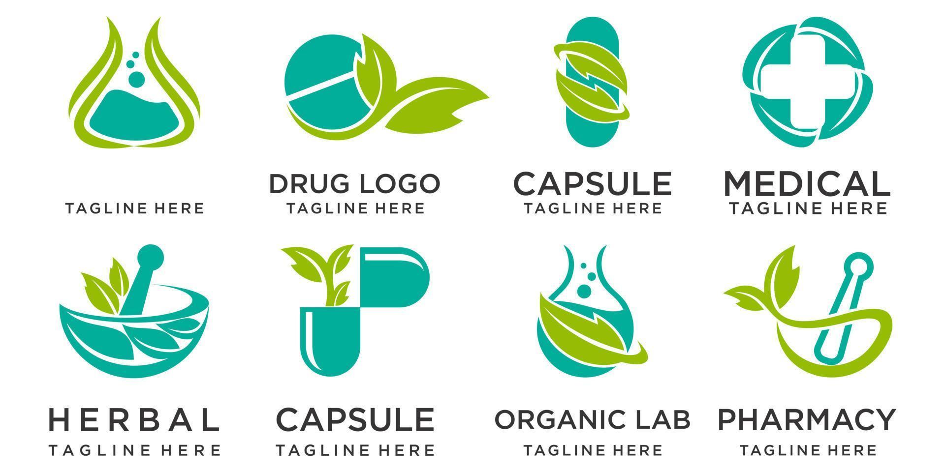 farmácia, ícones médicos definir modelo de logotipo com imagens de garrafas, cápsulas e folhas vetor
