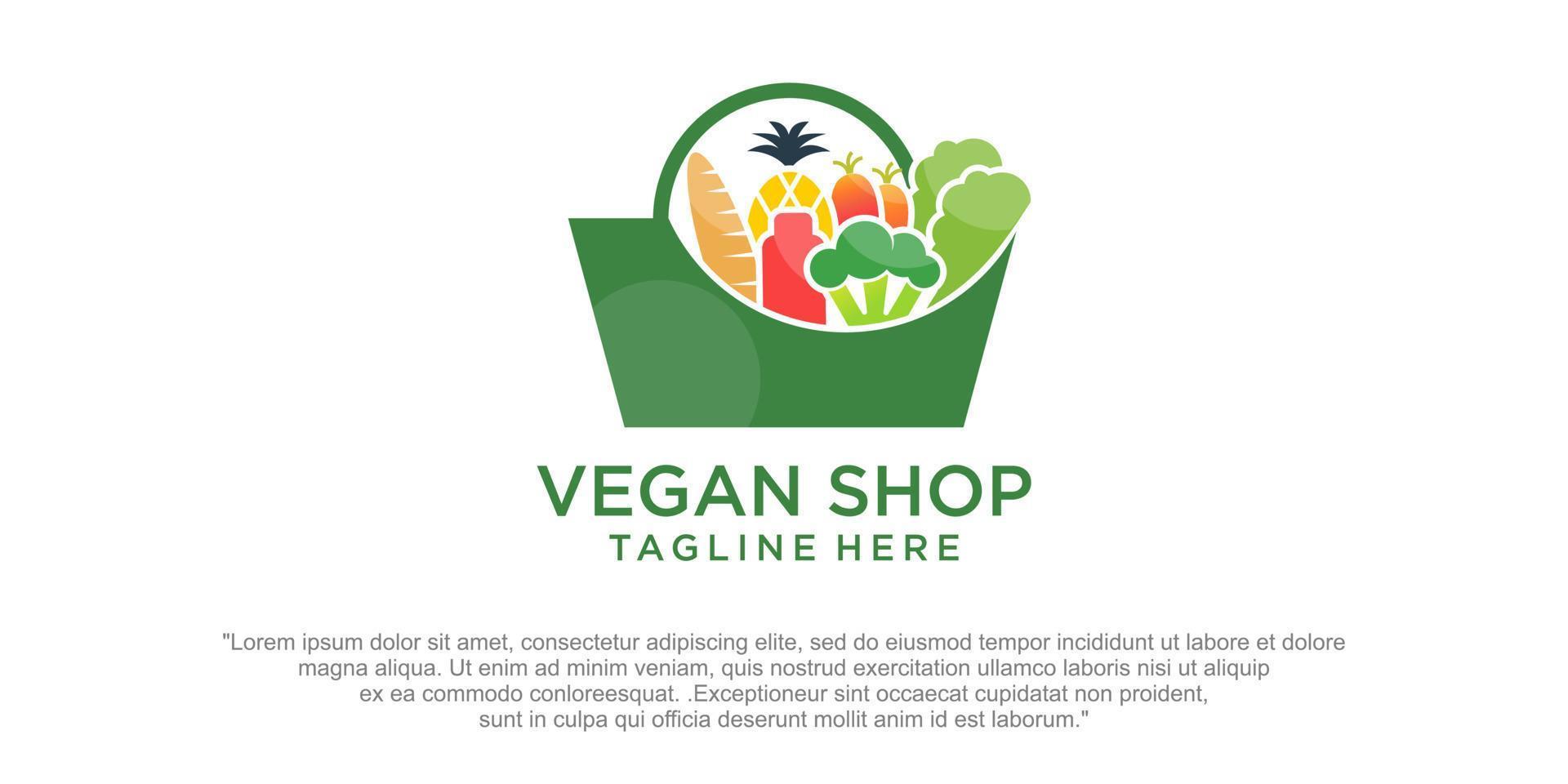 loja de vegetais. combinação vegana e loja de bolsas. vetor premium de design de modelo de logotipo
