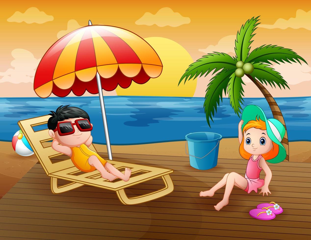 desenhos animados dois adolescentes de férias na praia tropical vetor