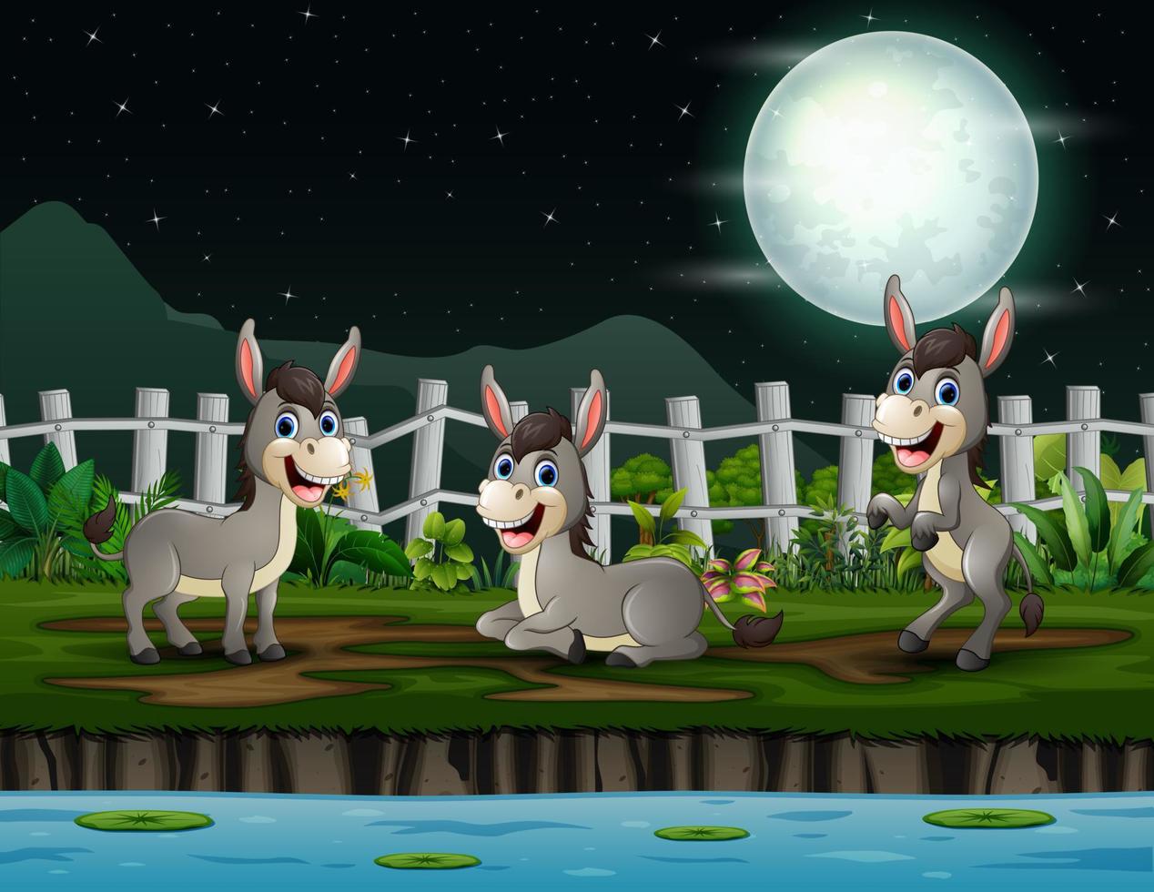 ilustração dos desenhos animados de burros felizes brincando à noite vetor