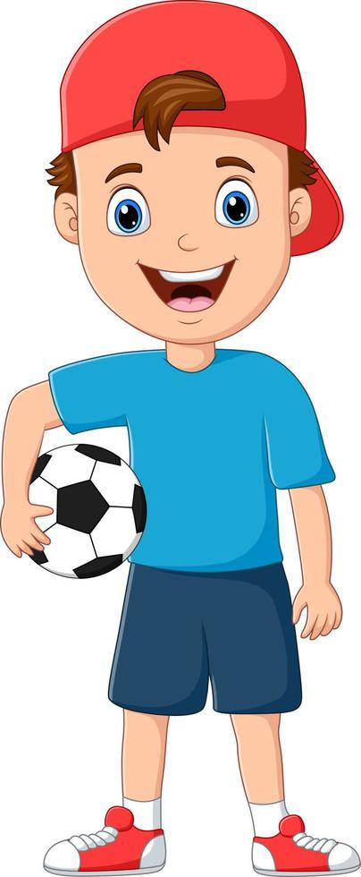 menino bonito segurando uma ilustração de bola de futebol vetor