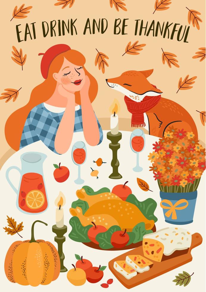 ilustração de ação de Graças feliz. senhora bonita com raposa na mesa festiva. design vetorial para cartão, pôster, panfleto, web e outros usos vetor