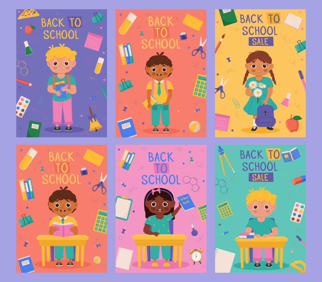 conjunto de design de banner de volta às aulas com personagem escolar engraçado colorido, itens de educação. modelos coloridos de volta à escola para convite, pôster, banner, promoção, venda etc. vetor
