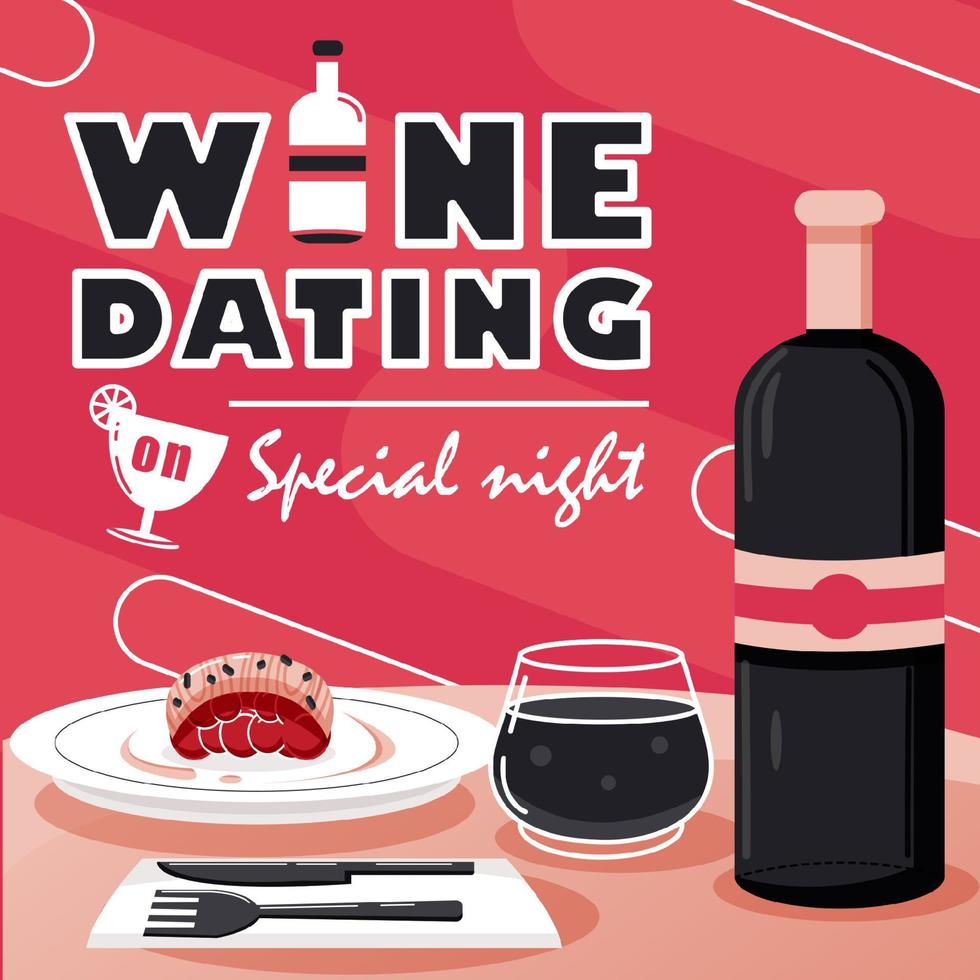 namoro de vinho em noite especial, jantar e uma garrafa de vinho. adequado para eventos vetor