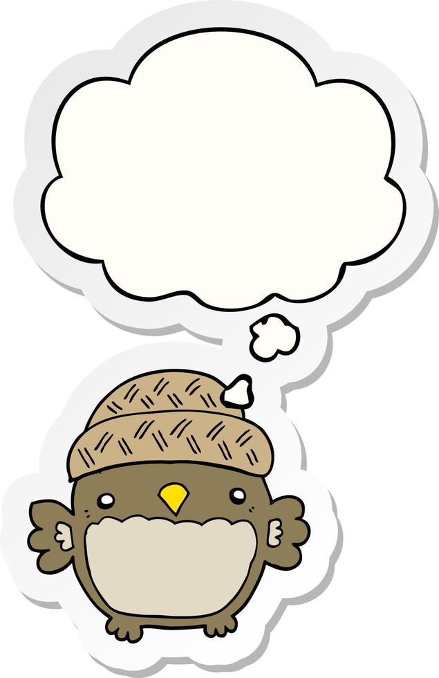 coruja de desenho animado bonito no chapéu e balão de pensamento como um adesivo impresso vetor