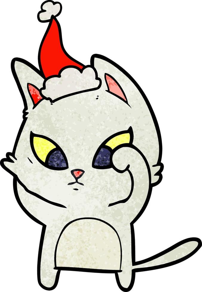 desenho texturizado confuso de um gato usando chapéu de papai noel vetor