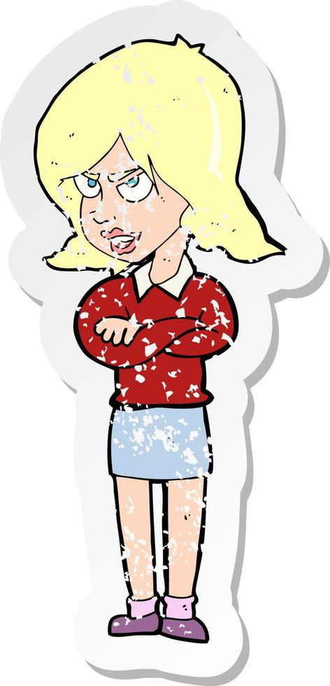 adesivo retrô angustiado de uma mulher irritada de desenho animado vetor