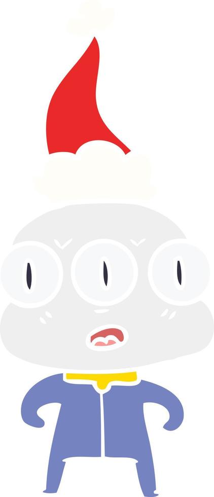 ilustração de cor plana de um alienígena de três olhos usando chapéu de papai noel vetor