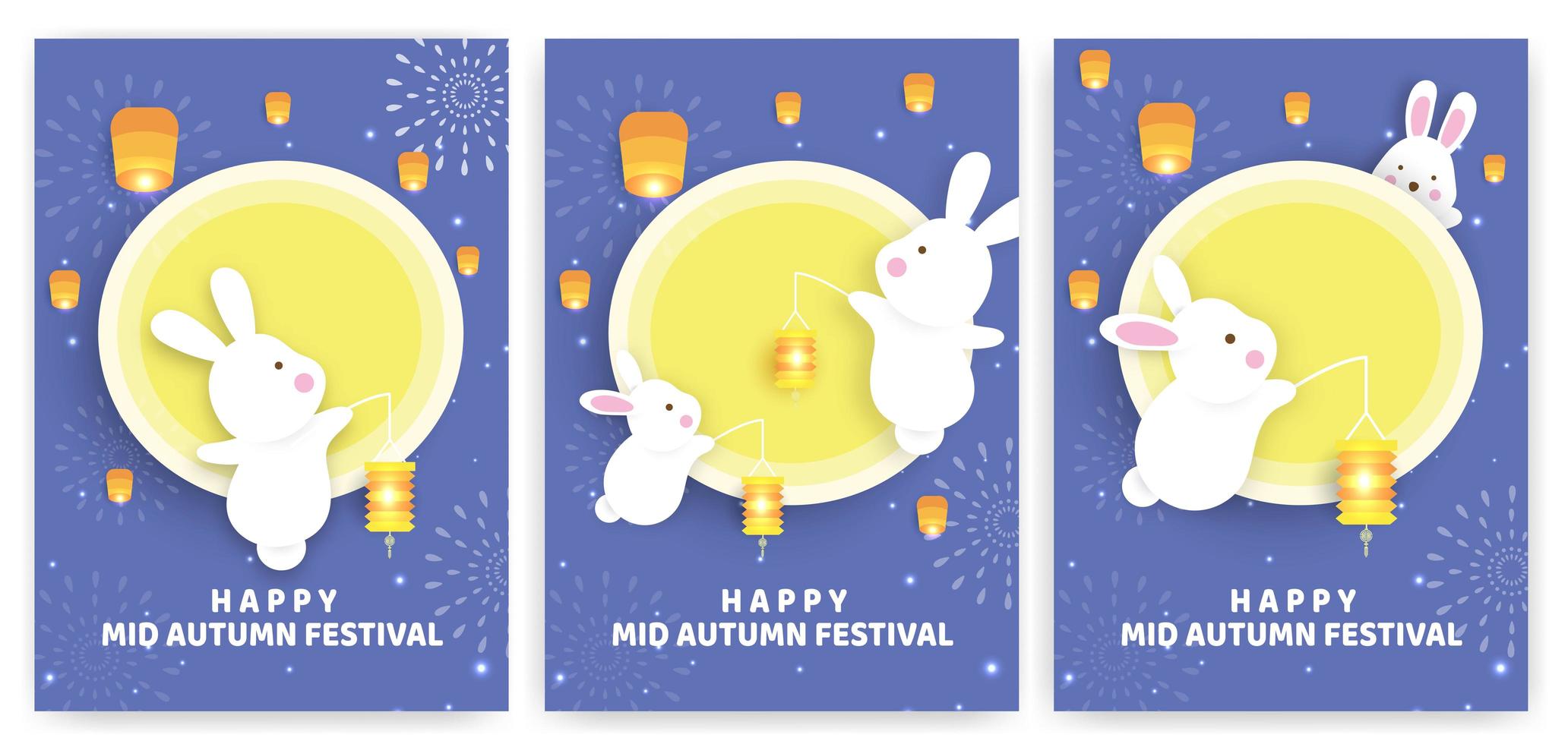cartão de festival outono definido com coelhos segurando lanternas vetor