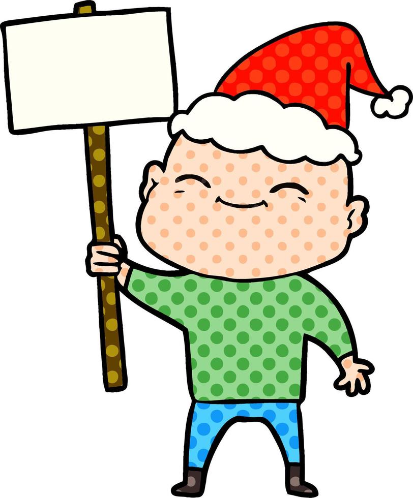 ilustração de estilo de quadrinhos feliz de um homem careca usando chapéu de papai noel vetor