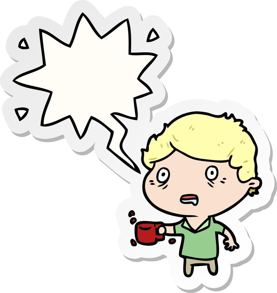 homem dos desenhos animados nervoso de beber muito café e adesivo de bolha de fala vetor