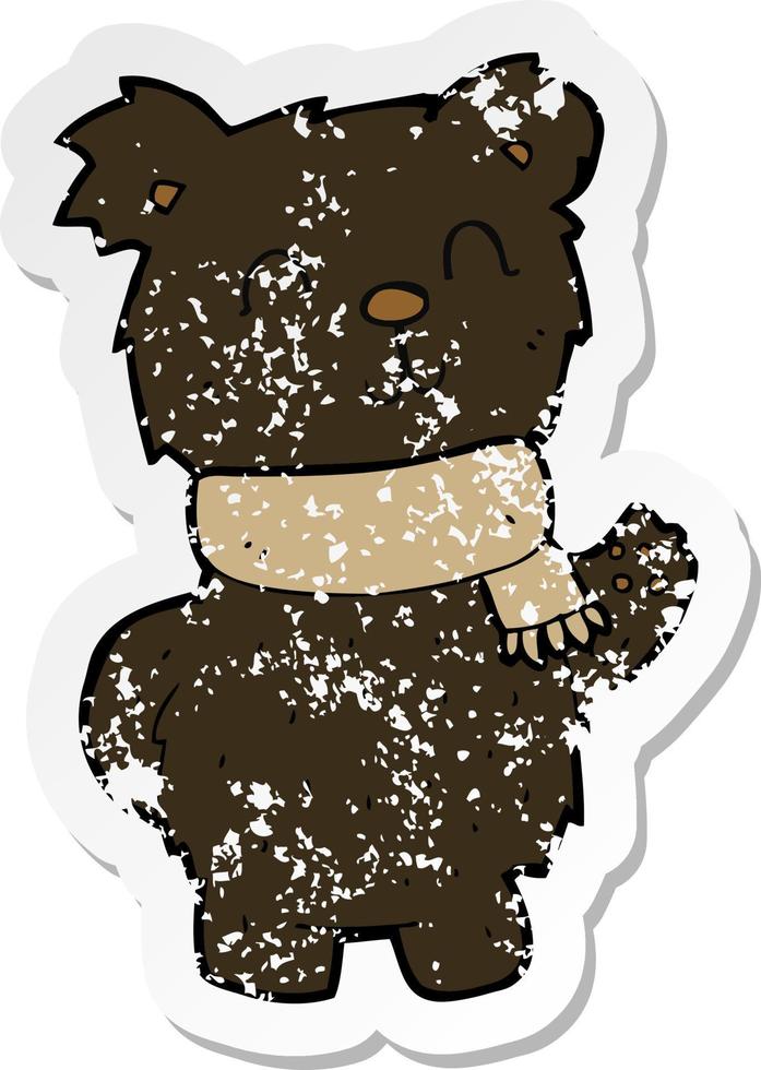 adesivo retrô angustiado de um desenho animado acenando com urso preto vetor