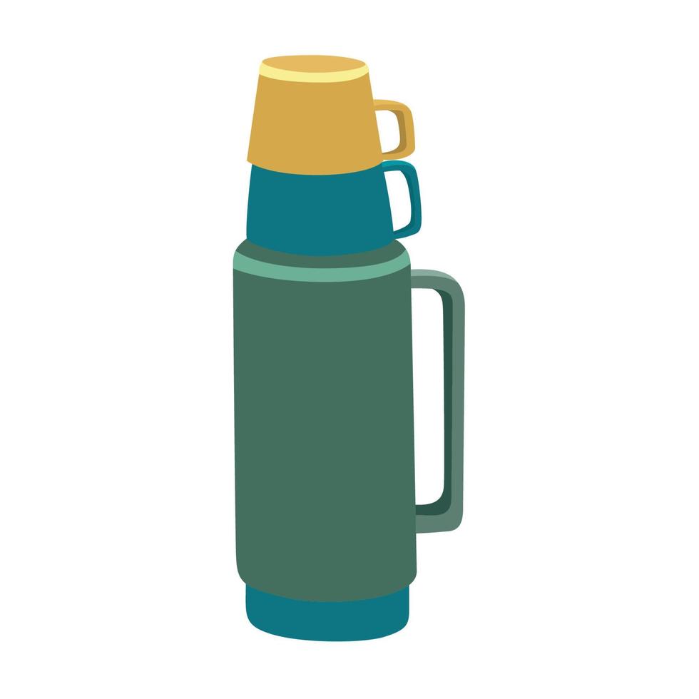 além disso, há uma garrafa térmica verde e azul, em cima da qual há 2 copos de plástico ilustração do vetor