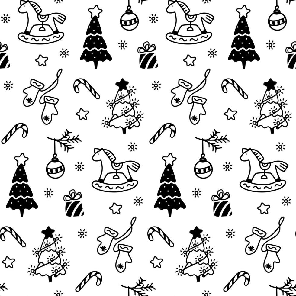 vetor padrão preto e branco de elementos de natal no estilo doodle, cavalo, bola de natal, árvores de natal, luzes, estrela, presente, luvas, caramelo
