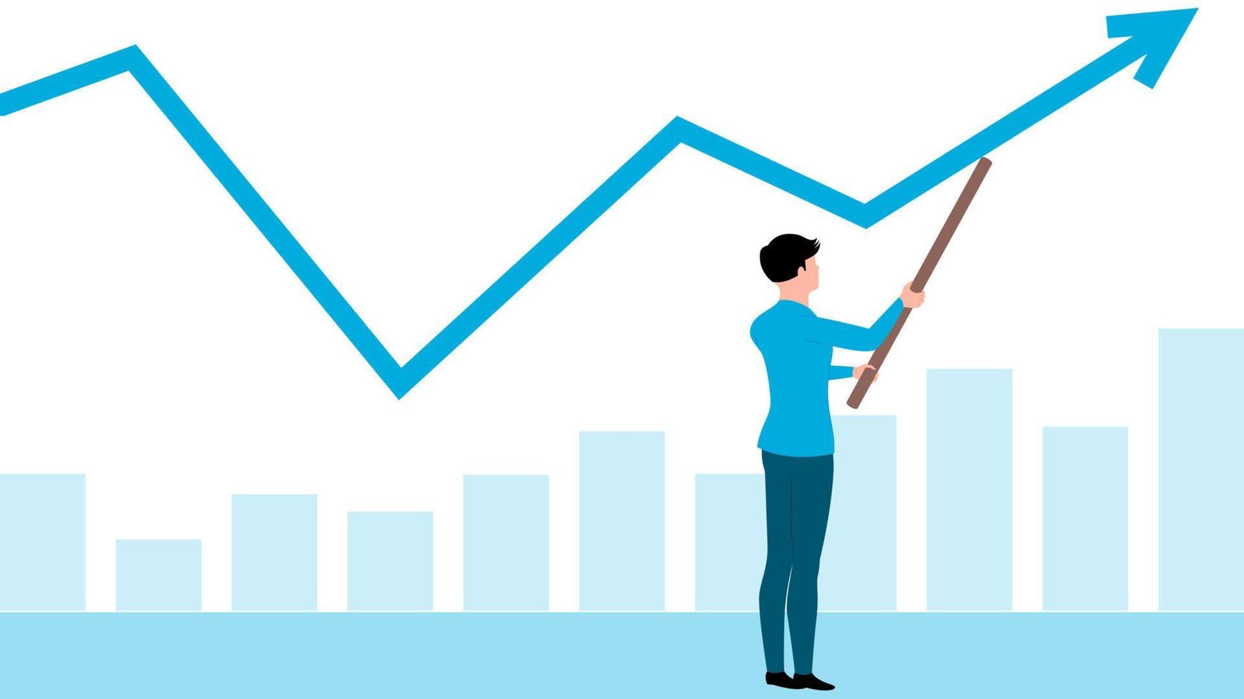 gráfico de levantamento de homem com a ajuda de vara, ilustração vetorial de personagem de negócios plana. vetor