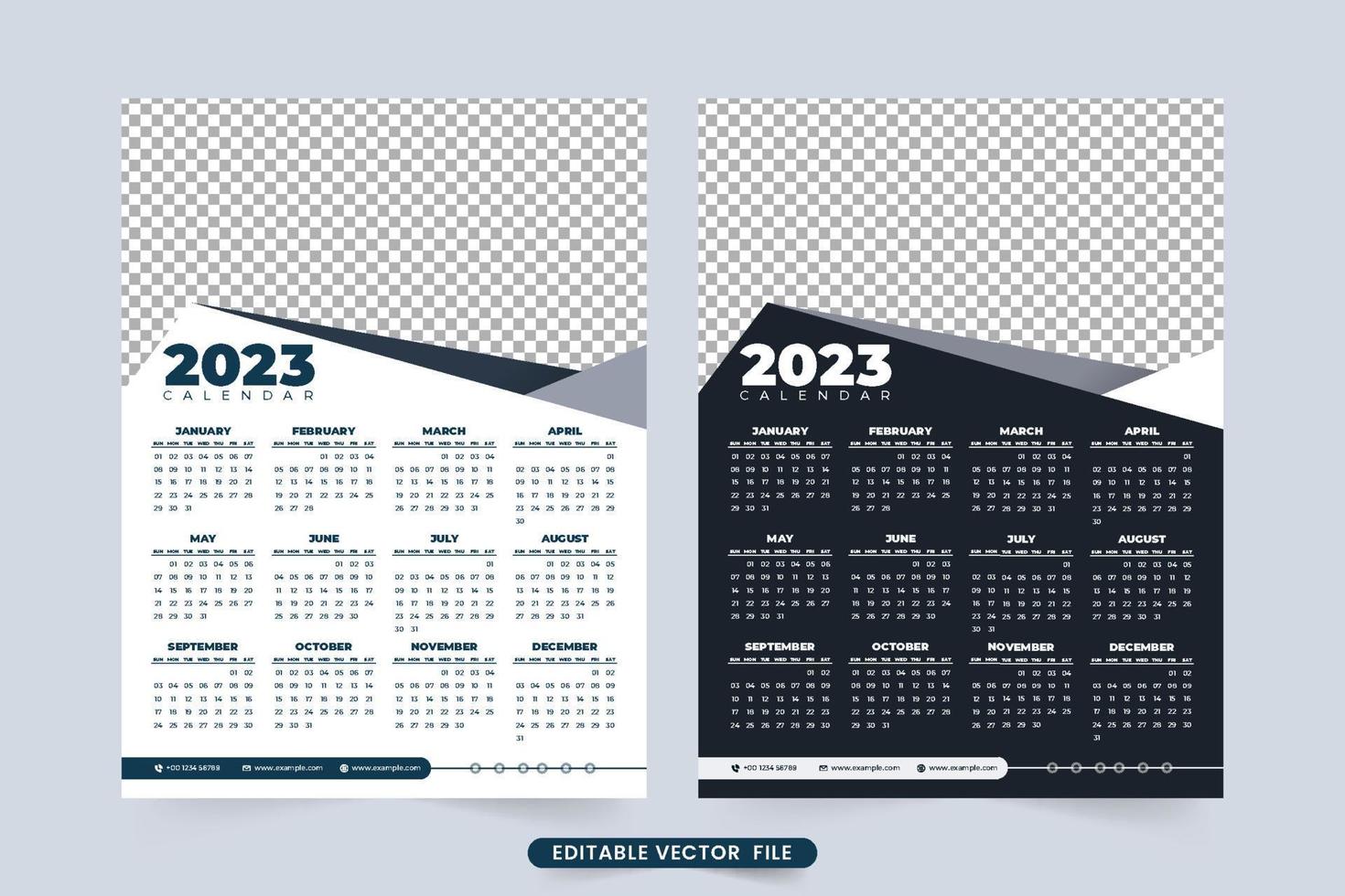 Vetor de modelo de calendário de parede de ano novo de 2023. design de calendário anual de negócios com cor preto e branco. design de calendário simples e planejador de fim de semana com formas abstratas. a semana começa no domingo.