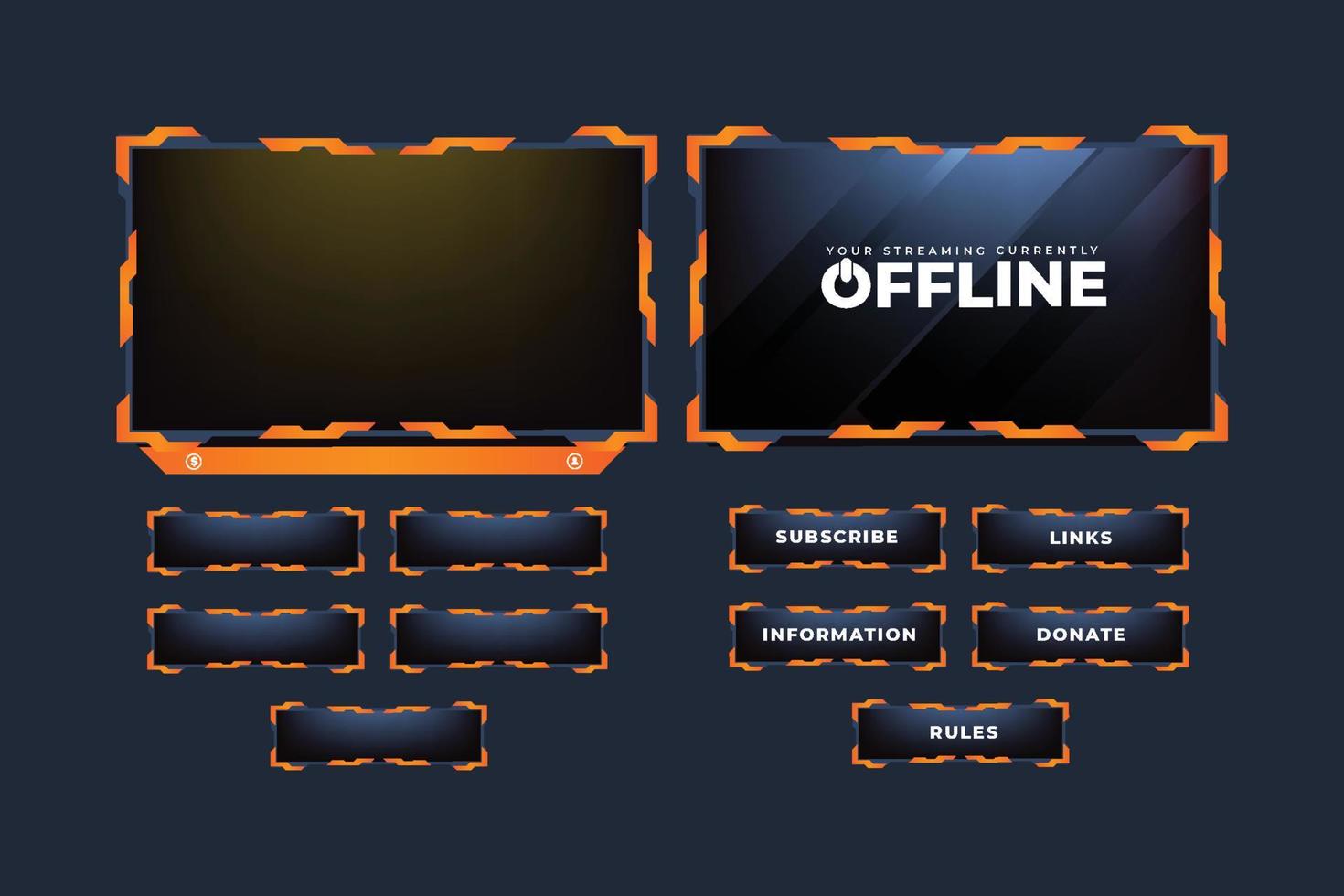 decoração do painel da tela de jogos com cor de fogo e formas modernas. decoração de sobreposição de transmissão ao vivo metálica para jogadores online. streaming de vetor de layout de informação de transmissão com botões.