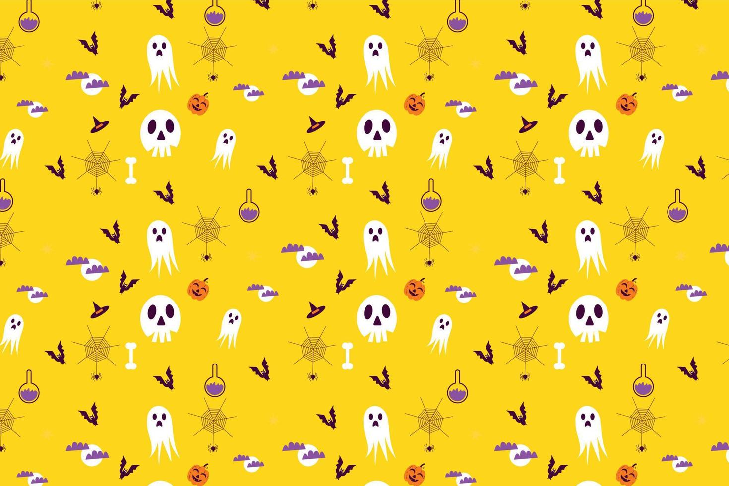 design de padrão de halloween sem fim com diferentes elementos assustadores em um fundo amarelo. decoração abstrata de padrão de halloween para capas de livros, fundos e lençóis. vetor padrão sem emenda.