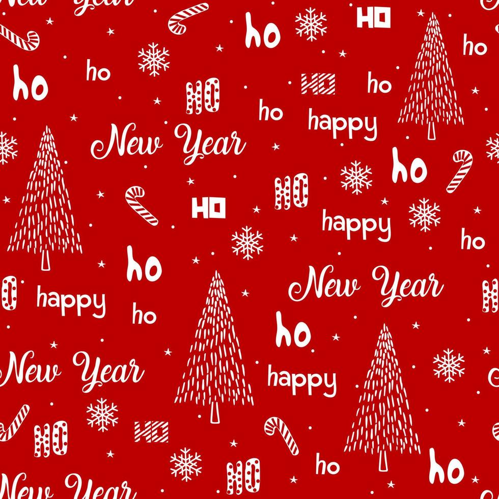 padrões sem costura hohoho, papai noel está rindo. textura perfeita para design de natal. vector branco, fundo vermelho palavras manuscritas ho, árvore de natal e flocos de neve.