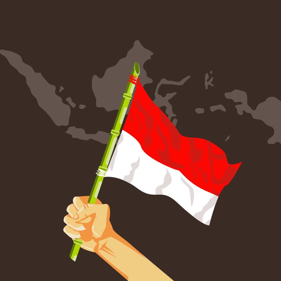 mão com vara de bambu e ilustração de bandeira indonésia vetor