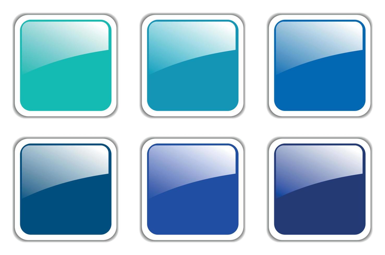 conjunto de botões brilhantes, emblemas de vetor quadrado azul.