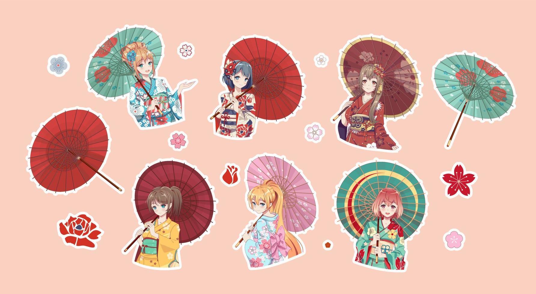 conjunto de adesivos anime manga girl em quimono e guarda-chuva. ilustração vetorial de desenho animado vetor