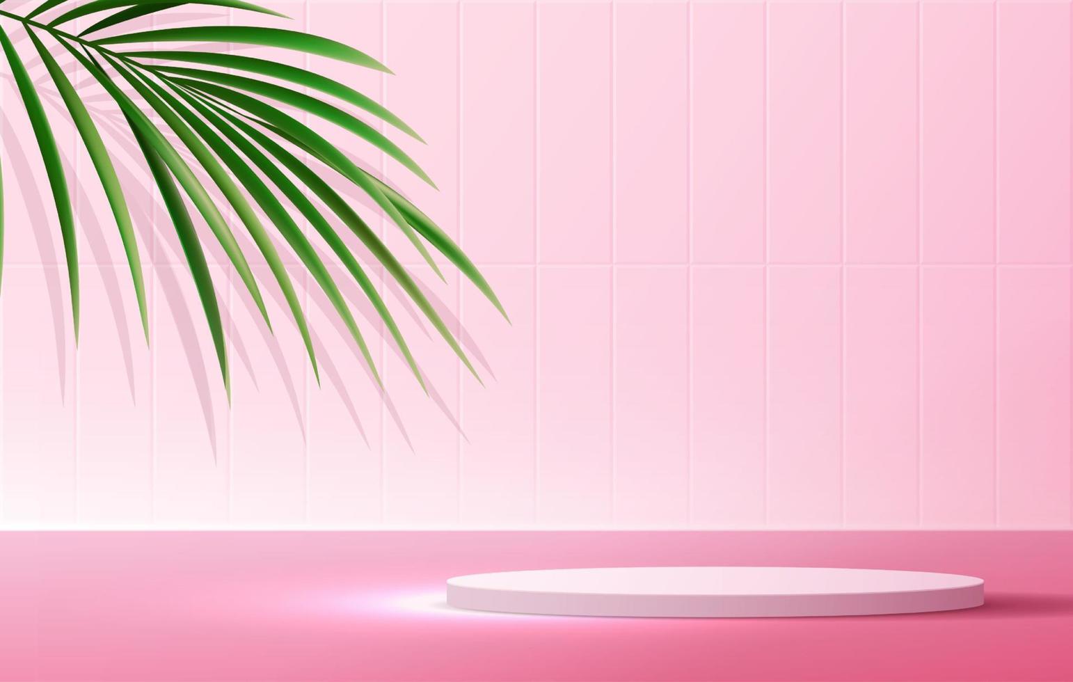 fundo rosa cosmético e exibição de pódio premium para apresentação de marca e apresentação de embalagens. palco de estúdio com sombra de fundo de folha. desenho vetorial vetor
