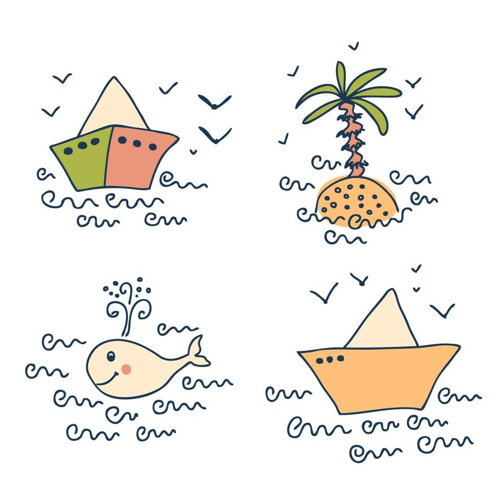 coleção de verão desenhada à mão com barquinho de papel, ilha de palmeiras e baleia. vetor